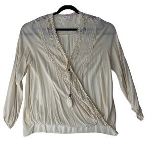 Skylar & Jade Boho Ivory Cream 3/4 Sleeve Lace Tassel Detail Women's Blouse Size